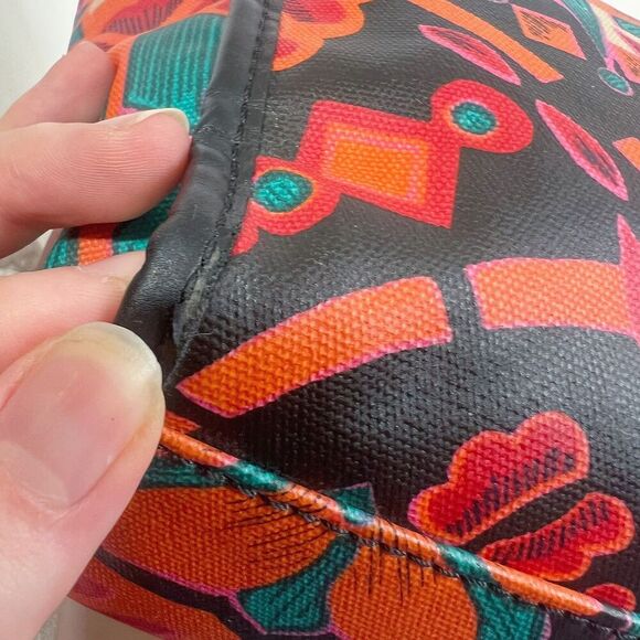 Fossil KeyPer Orange and Pink Flower Floral Tote Bag Black Leather Purse - Picture 10 of 11